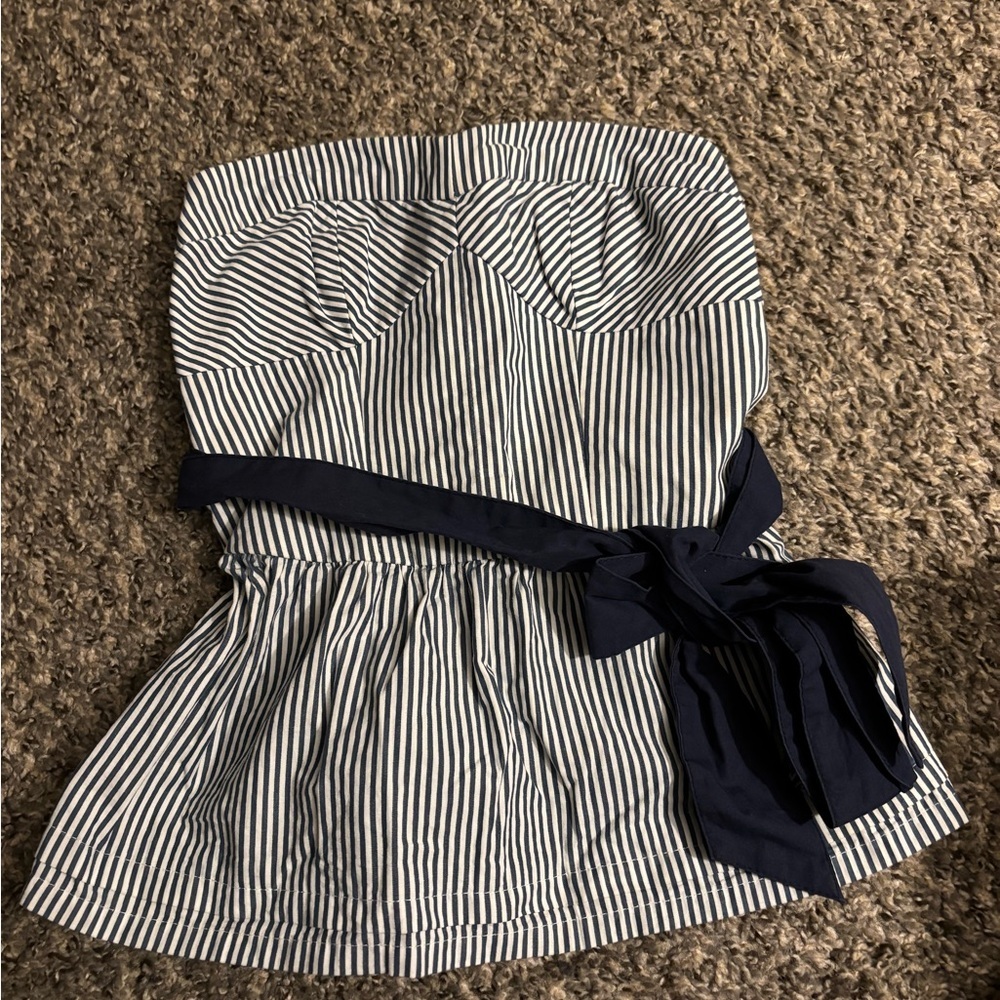 Hollister XS Navy and White Striped Blouse with Bow Belt